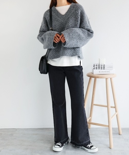 メッシュ編みVネック長袖ニットトップス