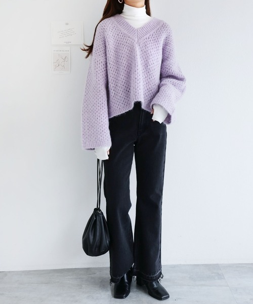 メッシュ編みVネック長袖ニットトップス