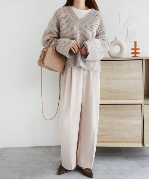 メッシュ編みVネック長袖ニットトップス