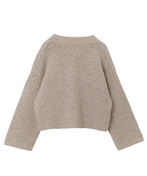 メッシュ編みVネック長袖ニットトップス
