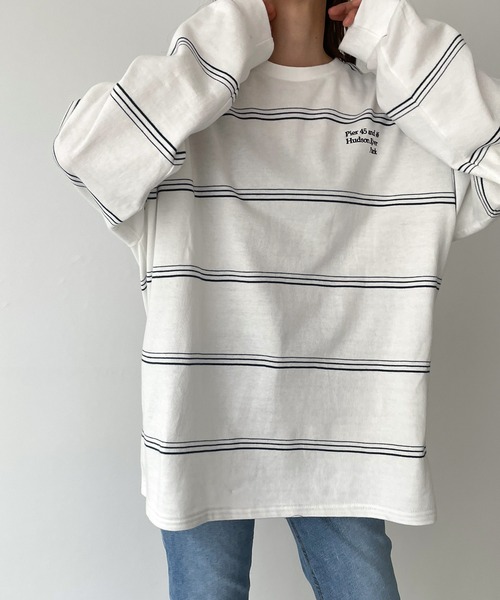 RCW BLUE LABEL（レッドチョップワークスブルーレーベル）の「RCW BLUE LABEL(ブルーレーベル) "Pier 45 and 46 Park"刺繍リンガーヴィンテージボーダーロングTシャツ（Tシャツ/カットソー・レディース・ブラック×ホワイト/ホワイト×グリーン・ONE SIZE）」の2枚目の写真