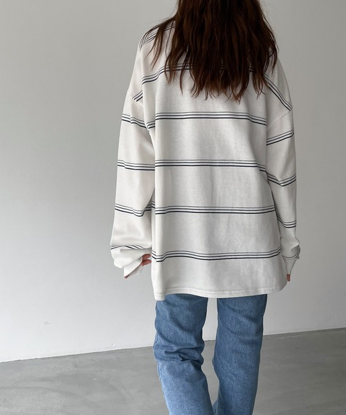 RCW BLUE LABEL（レッドチョップワークスブルーレーベル）の「RCW BLUE LABEL(ブルーレーベル) "Pier 45 and 46 Park"刺繍リンガーヴィンテージボーダーロングTシャツ（Tシャツ/カットソー・レディース・ブラック×ホワイト/ホワイト×グリーン・ONE SIZE）」の4枚目の写真