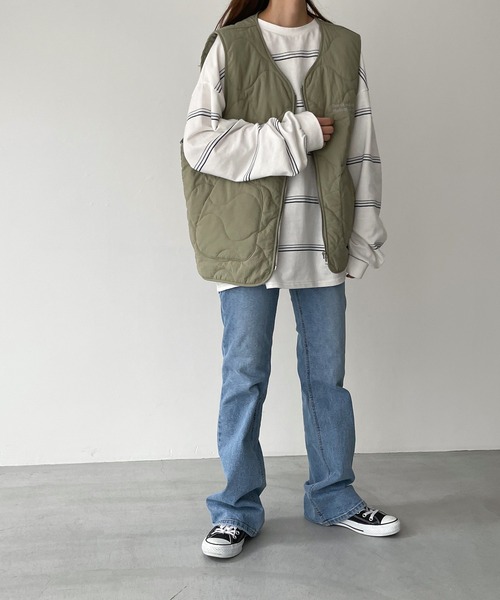 RCW BLUE LABEL（レッドチョップワークスブルーレーベル）の「RCW BLUE LABEL(ブルーレーベル) "Pier 45 and 46 Park"刺繍リンガーヴィンテージボーダーロングTシャツ（Tシャツ/カットソー・レディース・ブラック×ホワイト/ホワイト×グリーン・ONE SIZE）」の5枚目の写真