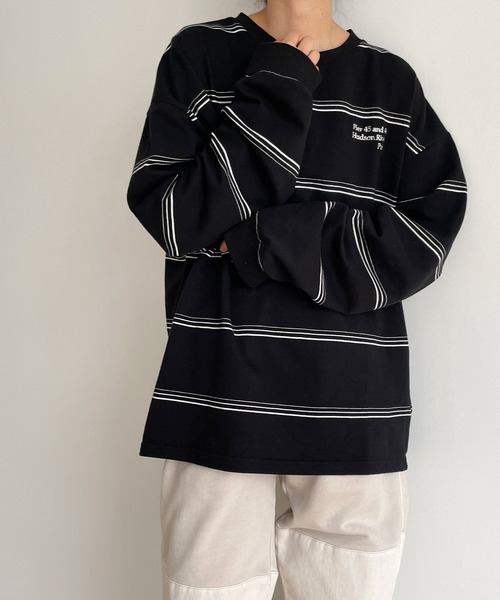 RCW BLUE LABEL（レッドチョップワークスブルーレーベル）の「RCW BLUE LABEL(ブルーレーベル) "Pier 45 and 46 Park"刺繍リンガーヴィンテージボーダーロングTシャツ（Tシャツ/カットソー・レディース・ブラック×ホワイト/ホワイト×グリーン・ONE SIZE）」の6枚目の写真