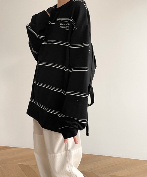 RCW BLUE LABEL（レッドチョップワークスブルーレーベル）の「RCW BLUE LABEL(ブルーレーベル) "Pier 45 and 46 Park"刺繍リンガーヴィンテージボーダーロングTシャツ（Tシャツ/カットソー・レディース・ブラック×ホワイト/ホワイト×グリーン・ONE SIZE）」の7枚目の写真