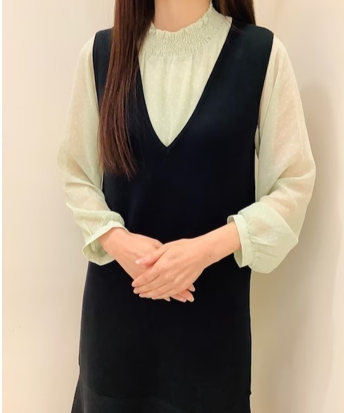 TOKYO SHIRTS（トウキョウシャツ）の「ドット柄スタンドネック長袖ブラウス（シャツ/ブラウス・レディース・ライトグリーン/ネイビー/ベージュ・M/L）」の6枚目の写真