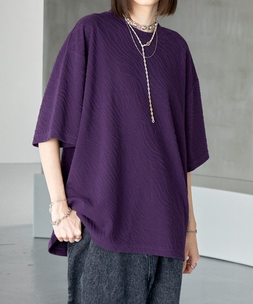Alfred Alex（アルフレッドアレックス）の「【Alfred Alex】シャーリングクルーネックショートスリーブTシャツ/半袖カットソー（Tシャツ/カットソー・メンズ・ライトグレー/パープル/ブラック・M/L）」の3枚目の写真