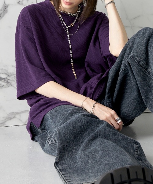 Alfred Alex（アルフレッドアレックス）の「【Alfred Alex】シャーリングクルーネックショートスリーブTシャツ/半袖カットソー（Tシャツ/カットソー・メンズ・ライトグレー/パープル/ブラック・M/L）」の5枚目の写真