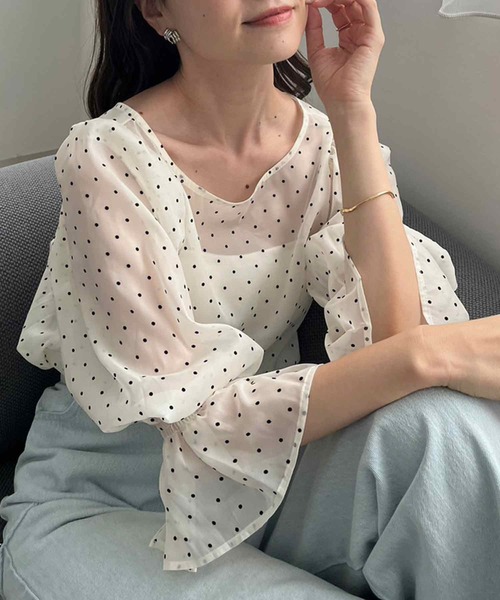 one after another NICE CLAUP（ワンアフターアナザーナイスクラップ）の「レースアップブラウス（シャツ/ブラウス・レディース・グレー/アイボリー/ピンク/ドット・FREE）」の4枚目の写真