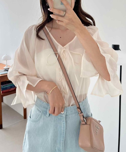 one after another NICE CLAUP（ワンアフターアナザーナイスクラップ）の「レースアップブラウス（シャツ/ブラウス・レディース・グレー/アイボリー/ピンク/ドット・FREE）」の9枚目の写真