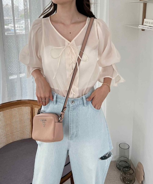 one after another NICE CLAUP（ワンアフターアナザーナイスクラップ）の「レースアップブラウス（シャツ/ブラウス・レディース・グレー/アイボリー/ピンク/ドット・FREE）」の7枚目の写真