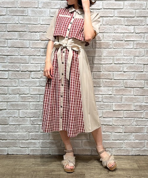 axes femme（アクシーズファム）の「パッチワークシャツワンピース（シャツワンピース・レディース・ベージュ/ネイビー/ブラック/ブラウン・FREE）」の3枚目の写真