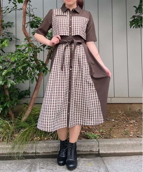 axes femme（アクシーズファム）の「パッチワークシャツワンピース（シャツワンピース・レディース・ベージュ/ネイビー/ブラック/ブラウン・FREE）」の5枚目の写真