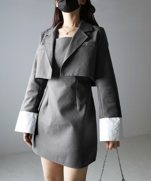 me+em select（ミームセレクト）の「【 セットアップ 】カフスショートテーラードジャケット ＋ ミニキャミワンピース SET（セットアップ・レディース・グレー/ブラック・SMALL/MEDIUM/LARGE/X-LARGE）」の18枚目の写真