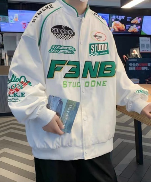 ROOPTOKYO（ループトウキョウ）の「▲ヴィンテージ風 ワッペンレーシングジャケット（ブルゾン・メンズ・ブラック/ホワイト/グリーン・L/XL/2XL）」の5枚目の写真