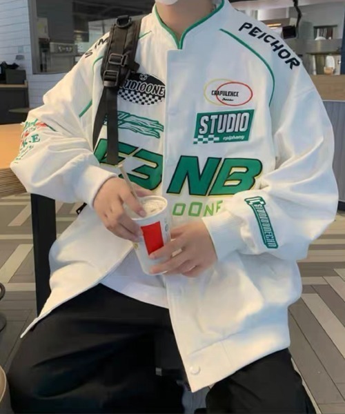 ROOPTOKYO（ループトウキョウ）の「▲ヴィンテージ風 ワッペンレーシングジャケット（ブルゾン・メンズ・ブラック/ホワイト/グリーン・L/XL/2XL）」の6枚目の写真