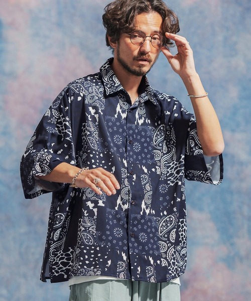 ⭐︎ページ mhs2139- ペイズリー×レオパードパッチワークプリントシャツ