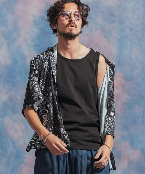 mhs2139- ペイズリー×レオパードパッチワークプリントシャツ（シャツ