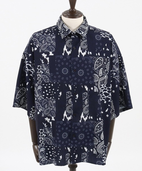 mhs2139- ペイズリー×レオパードパッチワークプリントシャツ（シャツ