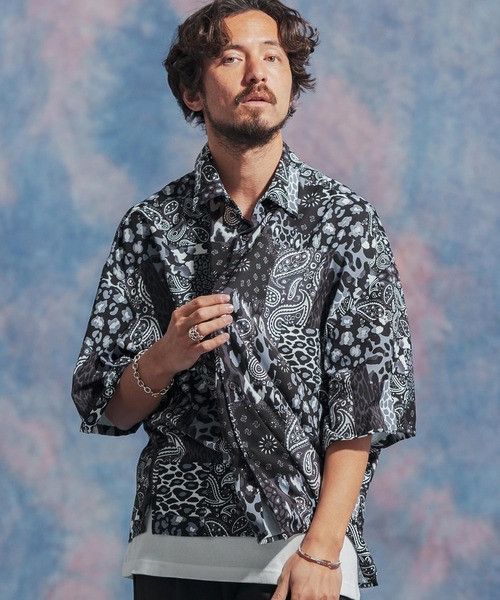 mhs2139- ペイズリー×レオパードパッチワークプリントシャツ（シャツ