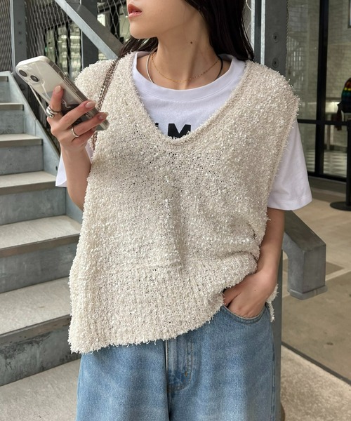 CIAOPANIC TYPY（チャオパニックティピー）の「【新色追加】フラッグヤーンクロップドベスト（ベスト・レディース・ベージュ/オフホワイト/ブルー/ブラック/オレンジ/イエロー・ONE SIZE）」の2枚目の写真