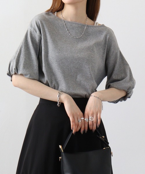atONE（アットワン）の「atONE フレア袖ドロップショルダーTシャツ（Tシャツ/カットソー・レディース・オフホワイト/杢グレー/ブラック/カーキ/ネイビー・LL/L/3L/4L/M）」の12枚目の写真