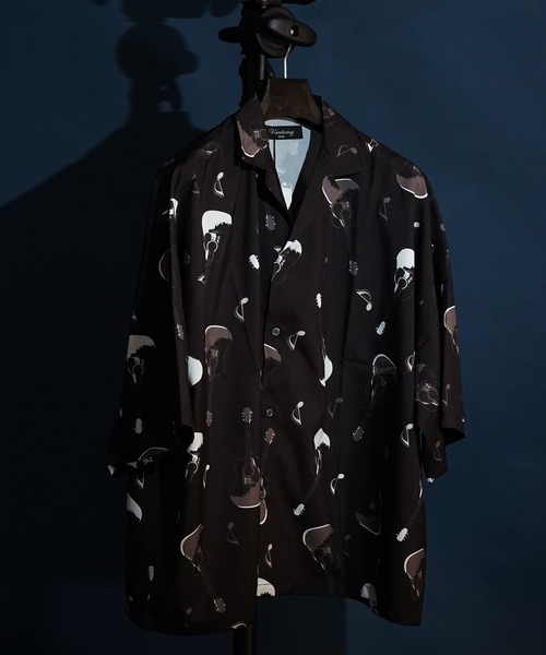 極上 刺繍 キューバシャツ 黒 オープンカラー オールブラック 極上