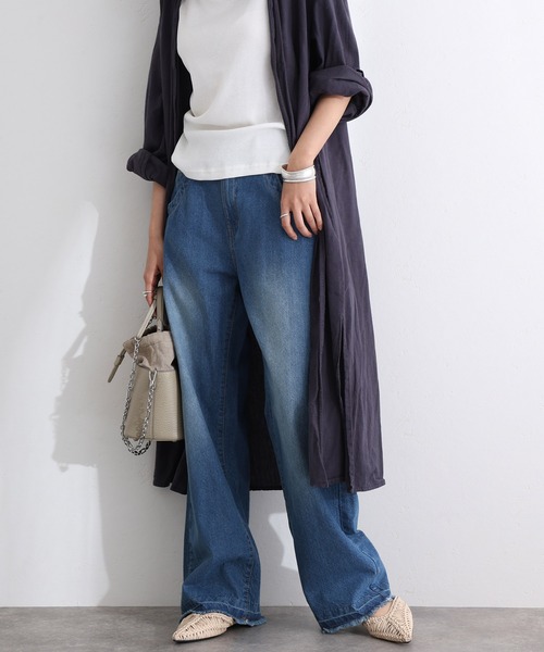 ElegChic(エレグシック)の「ヴィンテージ風ポケット加工セミワイドパンツ(デニムパンツ・レディース・ブルー/ライトブルー・M/L/XL/3L/4L)」の2枚目の写真