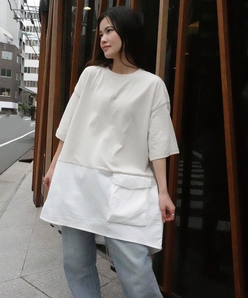 CORNERS（コーナーズ）の「デニム切り替えオーバーサイズチュニックTシャツ（Tシャツ/カットソー・レディース・ブルー/チャコールグレー/グレイッシュベージュ/イエロー/ネイビー・FREE）」の11枚目の写真