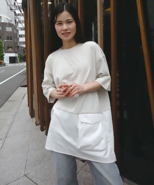 CORNERS（コーナーズ）の「デニム切り替えオーバーサイズチュニックTシャツ（Tシャツ/カットソー・レディース・ブルー/チャコールグレー/グレイッシュベージュ/イエロー/ネイビー・FREE）」の12枚目の写真