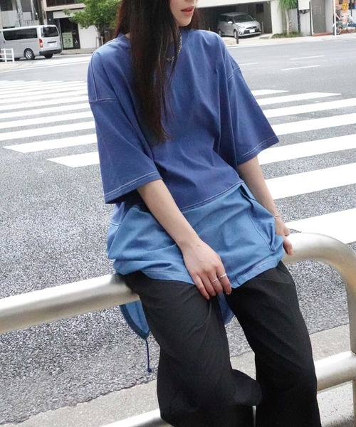 CORNERS（コーナーズ）の「デニム切り替えオーバーサイズチュニックTシャツ（Tシャツ/カットソー・レディース・ブルー/チャコールグレー/グレイッシュベージュ/イエロー/ネイビー・FREE）」の14枚目の写真