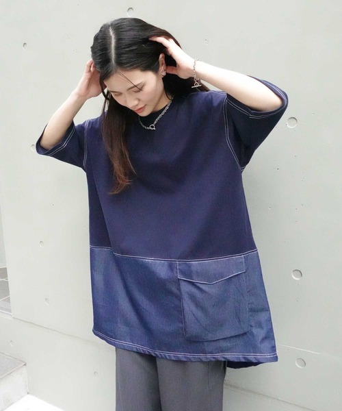CORNERS（コーナーズ）の「デニム切り替えオーバーサイズチュニックTシャツ（Tシャツ/カットソー・レディース・ブルー/チャコールグレー/グレイッシュベージュ/イエロー/ネイビー・FREE）」の17枚目の写真