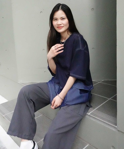 CORNERS（コーナーズ）の「デニム切り替えオーバーサイズチュニックTシャツ（Tシャツ/カットソー・レディース・ブルー/チャコールグレー/グレイッシュベージュ/イエロー/ネイビー・FREE）」の22枚目の写真