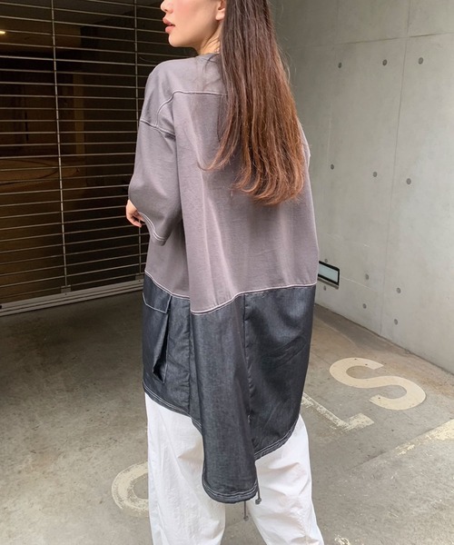 CORNERS（コーナーズ）の「デニム切り替えオーバーサイズチュニックTシャツ（Tシャツ/カットソー・レディース・ブルー/チャコールグレー/グレイッシュベージュ/イエロー/ネイビー・FREE）」の6枚目の写真