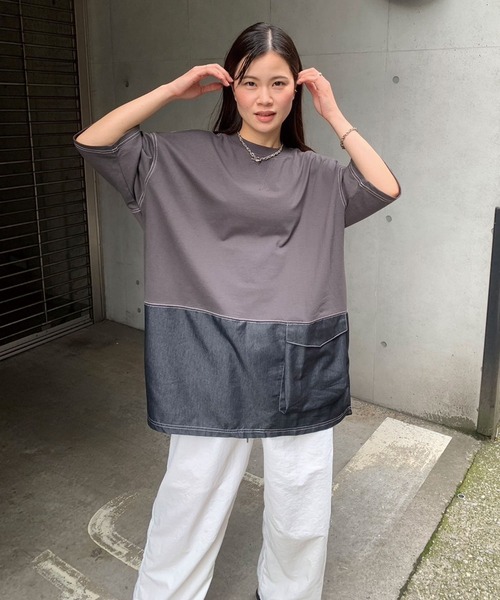 CORNERS（コーナーズ）の「デニム切り替えオーバーサイズチュニックTシャツ（Tシャツ/カットソー・レディース・ブルー/チャコールグレー/グレイッシュベージュ/イエロー/ネイビー・FREE）」の7枚目の写真