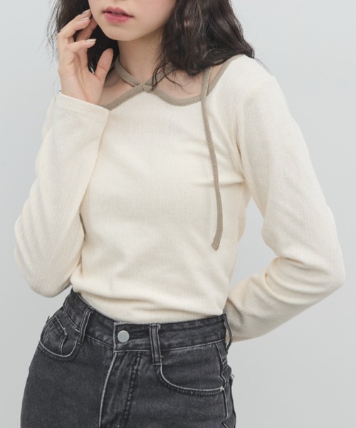 paravion（パラビオン）の「ホルターネックパイピング長袖トップス（Tシャツ/カットソー・レディース・ブルー/ホワイト/グレイッシュベージュ・FREE）」の9枚目の写真