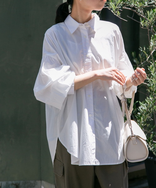 FORK&SPOON(フォークアンドスプーン)の「FORK&SPOON ハイカウントコットンボリュームスリーブシャツ(シャツ/ブラウス・レディース・オフホワイト/チャコールグレー・1)」の4枚目の写真