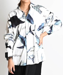 幾何学柄 総柄シャツ レギュラーカラー 長袖 ブラウス