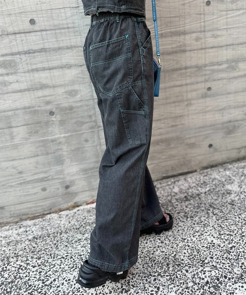 mi via loca（ミヴィアロカ）の「【2WAY】ライトデニム 配色ステッチ ペインター イージーパンツ（デニムパンツ・レディース・ライトブルー/ブラック/カーキ/ブルー・FREE）」の5枚目の写真