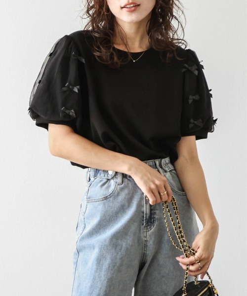 セール】リボンチュールパフスリーブトップス（Tシャツ/カットソー 