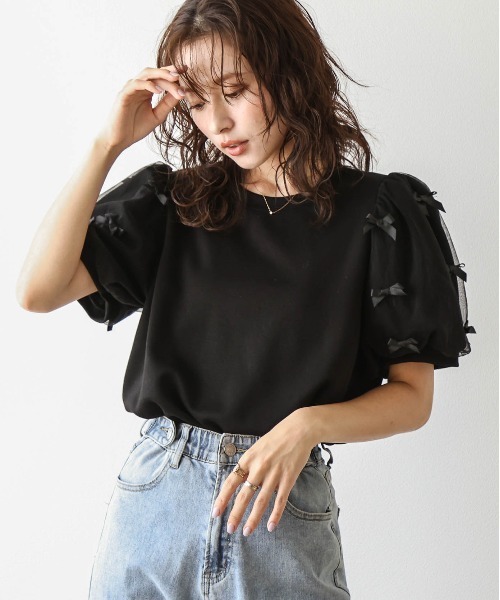 SUGAR BISKET（シュガービスケット）の「リボンチュールパフスリーブトップス（Tシャツ/カットソー・レディース・ブラック/ホワイト・フリー）」の19枚目の写真
