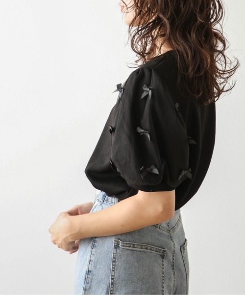 SUGAR BISKET（シュガービスケット）の「リボンチュールパフスリーブトップス（Tシャツ/カットソー・レディース・ブラック/ホワイト・フリー）」の15枚目の写真