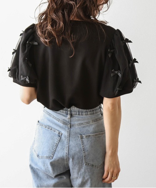 SUGAR BISKET（シュガービスケット）の「リボンチュールパフスリーブトップス（Tシャツ/カットソー・レディース・ブラック/ホワイト・フリー）」の14枚目の写真
