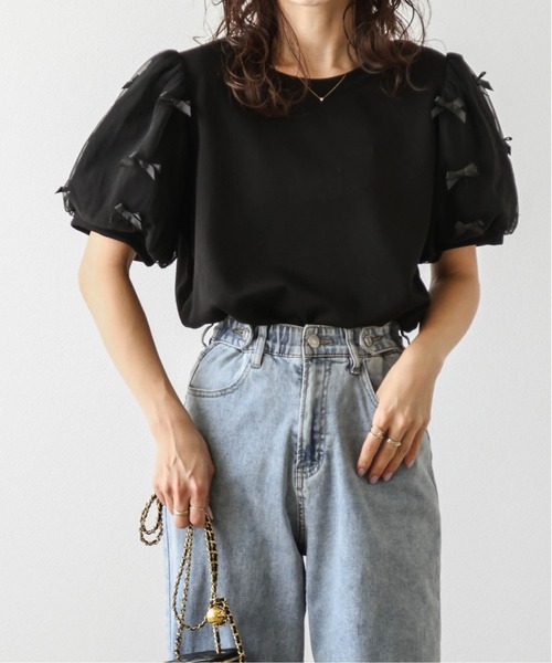 SUGAR BISKET（シュガービスケット）の「リボンチュールパフスリーブトップス（Tシャツ/カットソー・レディース・ブラック/ホワイト・フリー）」の13枚目の写真