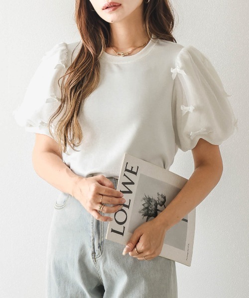メニーリボンチュールパフスリーブTシャツ メニーリボンチュールパフスリーブTシャツ（カットソー・Tシャツ