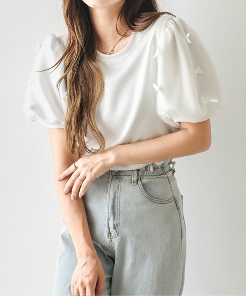 SUGAR BISKET（シュガービスケット）の「リボンチュールパフスリーブトップス（Tシャツ/カットソー・レディース・ブラック/ホワイト・フリー）」の20枚目の写真