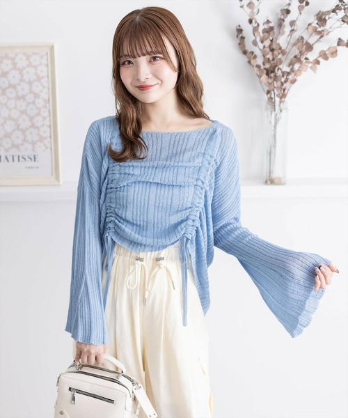 clear（クリア）の「透かし編みシャーリングトップス≪2024SS≫（ニット/セーター・レディース・ブルーグレー/ブラック/ベージュ・F）」の4枚目の写真