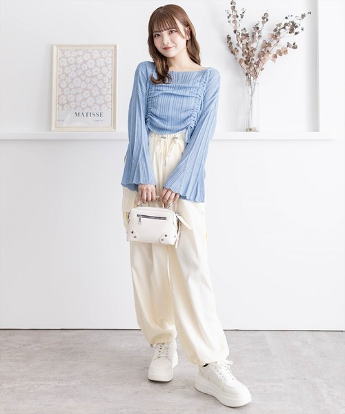 clear（クリア）の「透かし編みシャーリングトップス≪2024SS≫（ニット/セーター・レディース・ブルーグレー/ブラック/ベージュ・F）」の6枚目の写真