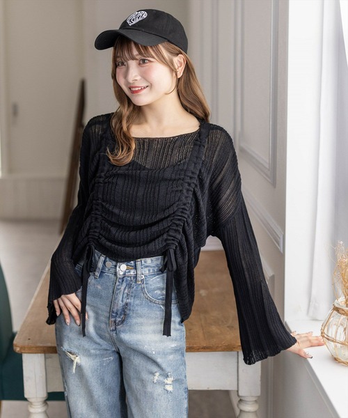 clear（クリア）の「透かし編みシャーリングトップス≪2024SS≫（ニット/セーター・レディース・ブルーグレー/ブラック/ベージュ・F）」の8枚目の写真