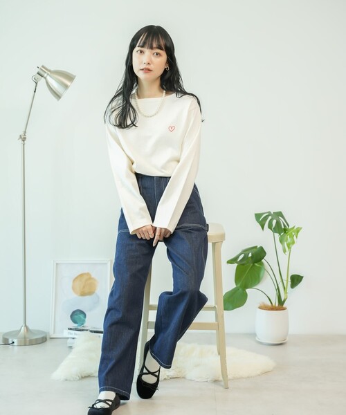 セール】ワンポイントハート刺繍 ボートネックロンT（Tシャツ